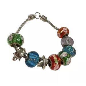 Murano Glass Charm Bracelet Hand Painted Beads Silver Plated Colorful Tropical